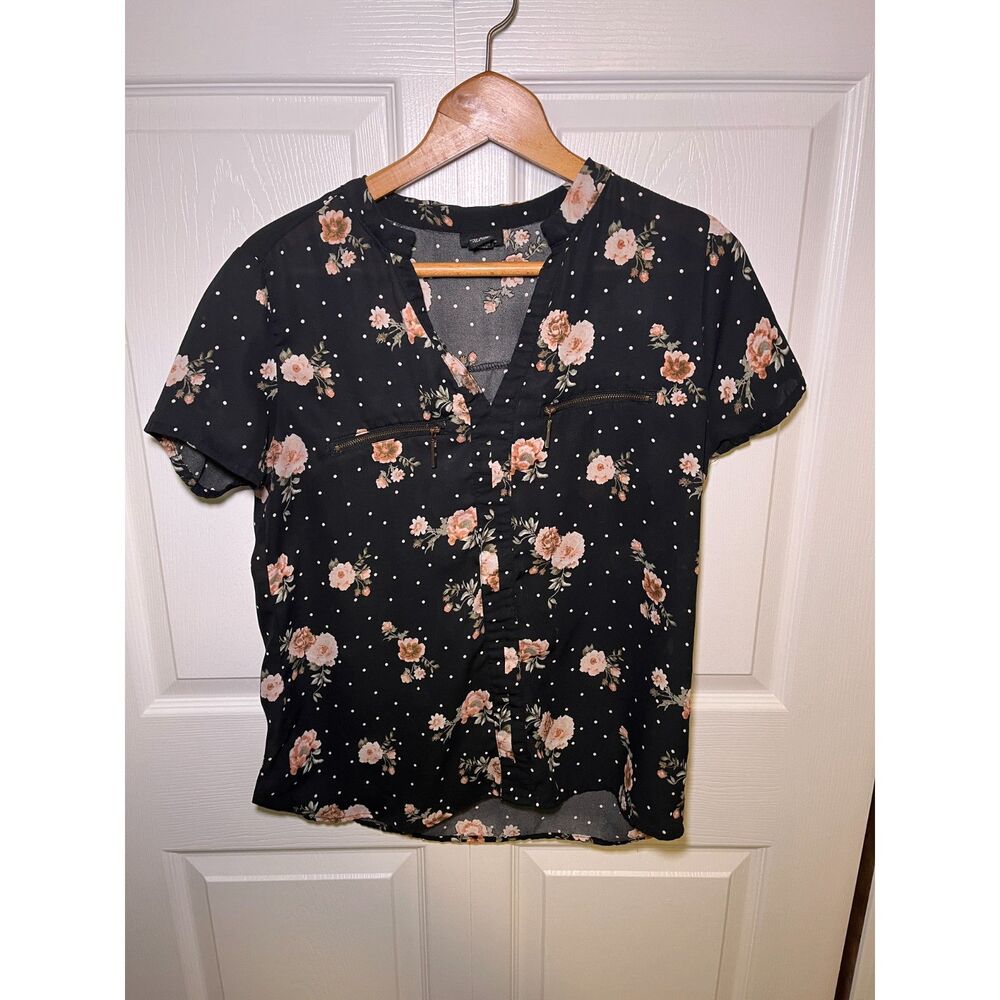 Rue21 Floral Polka Dot Blouse Women’s Medium Black Sheer Zip Pocket Top - Picture 1 of 4